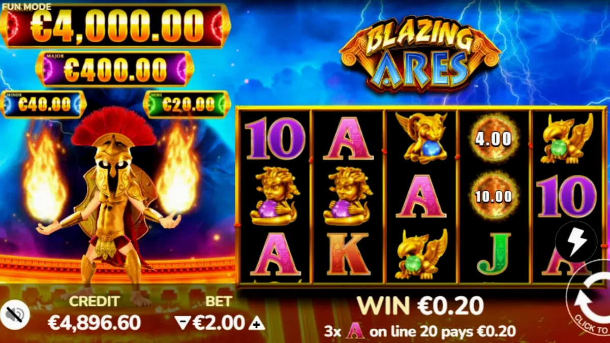 Tampilan visual slot Blazing Ares di perangkat seluler dengan nuansa api dan mitologi Yunani